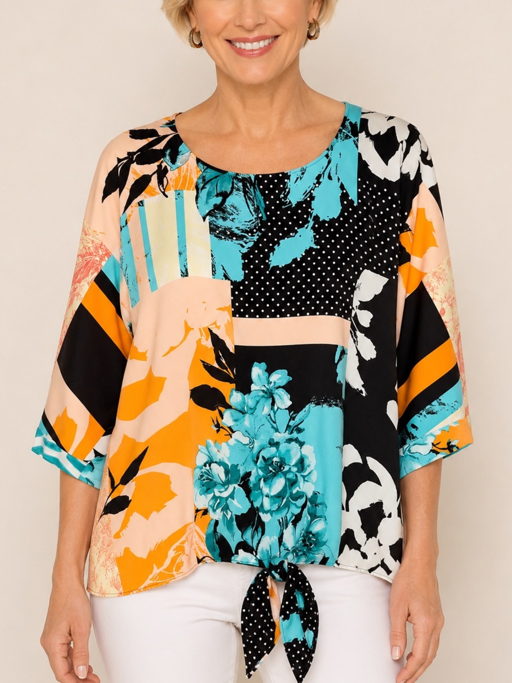 Chico’s Size 2 Glossy Floral Tie Hem Blouse Boho Art Teacher Coastal Grandma